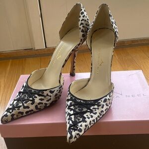 Alexandra Neel Black and Beige Leopard-Print D'Orsay Lace-Up Stilettos